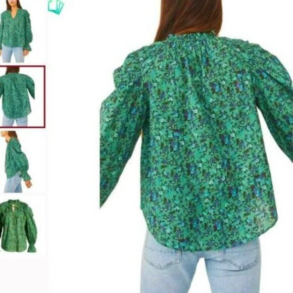 Free People Green/Blue Floral Print Blouse Womens Size M 100% Cotton With Smocke - Picture 2 of 10
